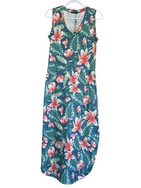 New HUSKARY Hibiscus Floral Print Tropical Hawaiian Print Maxi Dress Size S